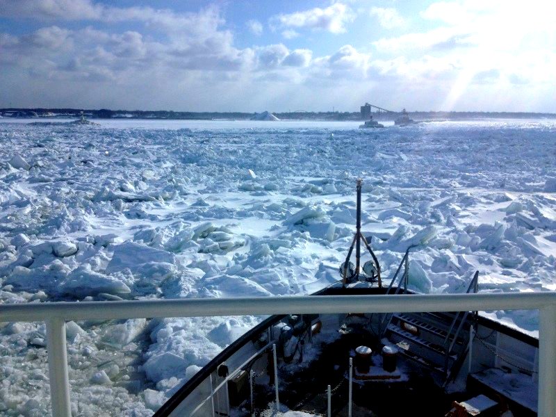The crew of the Coast Guard Cutter Bristol Bay breaks ice outside of Ashtabula, Ohio, Feb. 19, 2015. The Bristol Bay encountered ice 8 to 10 feet in Lake Erie and brash ice, which is the jagged landscape, 5 to 6 feet thick. Credit: U.S. Coast Guard photo by Lt. Cmdr. John Henry