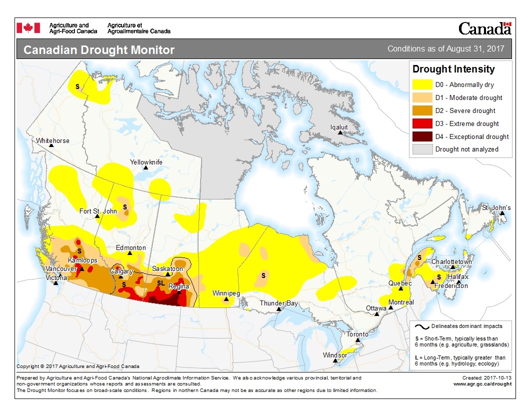 A drought map of Canadian provinces from the end of summer 2017 shows dry conditions and droughts still being an issue in Saskatchewan and Manitoba. Credit: Agriculture and Agri-Food Canada