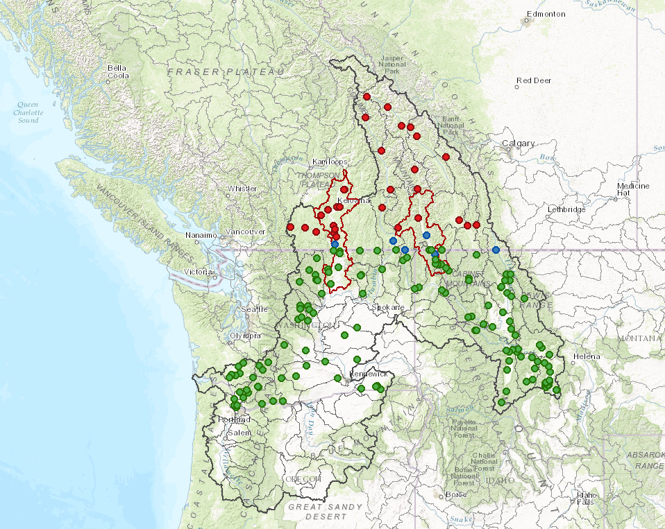 Carte montrant la répartition et la densité des postes de marégraphie dans le bassin du fleuve Columbia. Source : CMI.