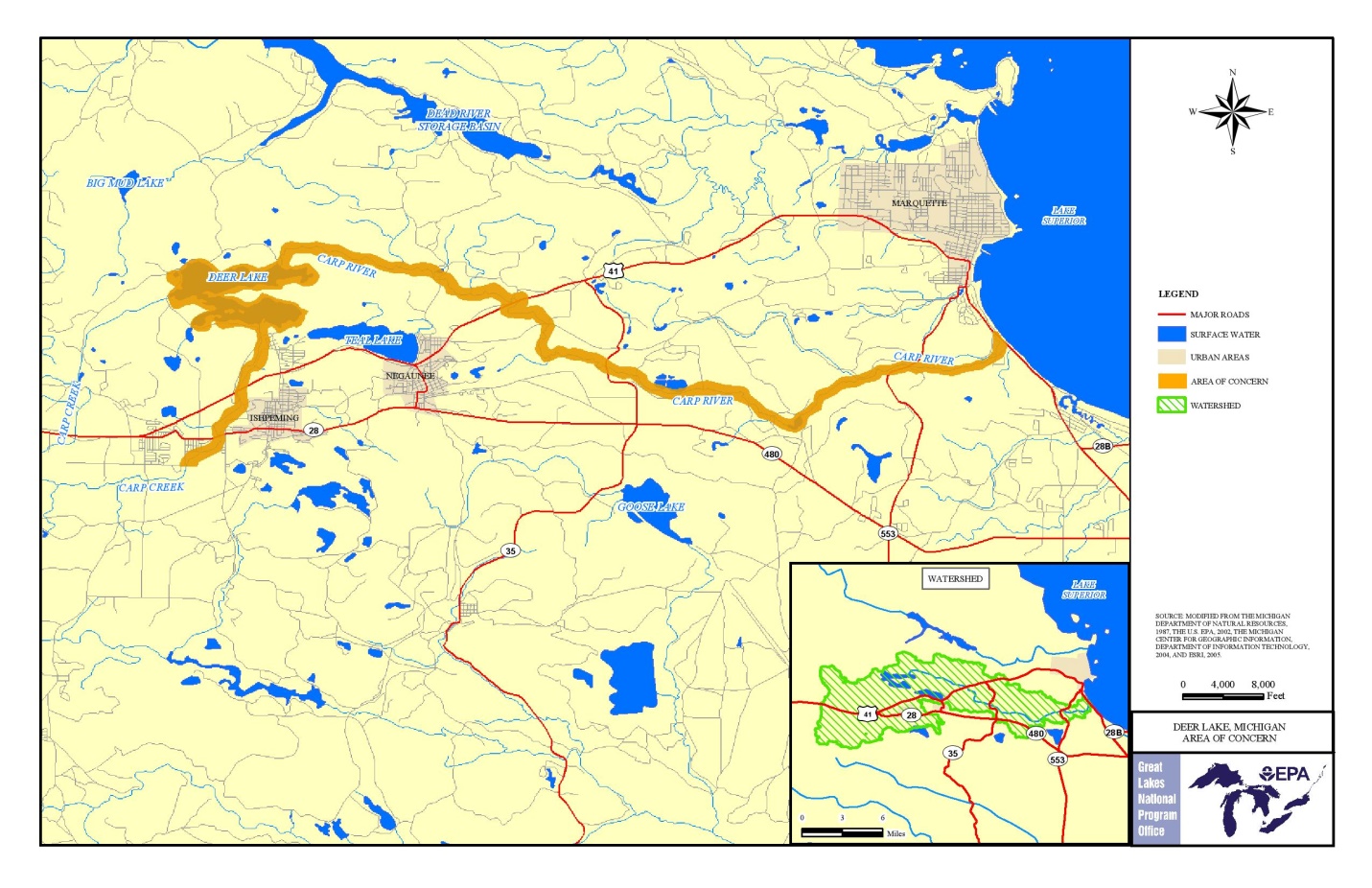 Carte délimitant le secteur préoccupant du lac Deer. Photo : USEPA. 