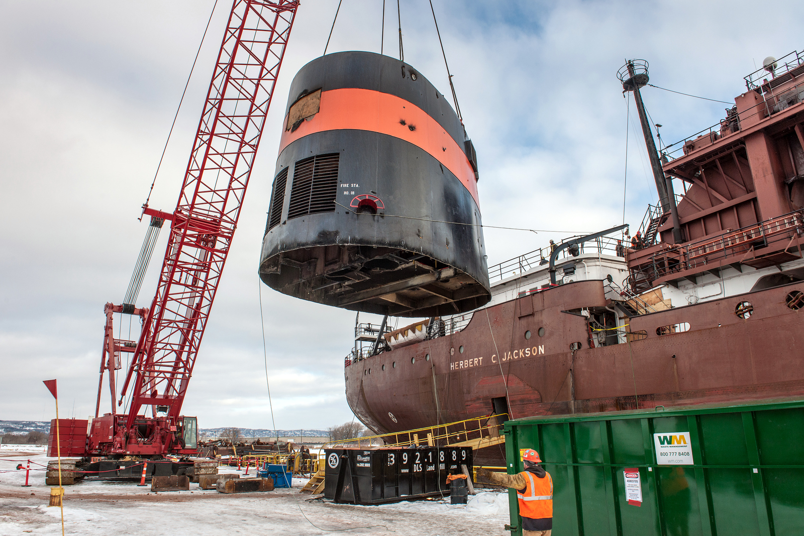 Fraser Shipyards has nearly 70 people dedicated to repowering the Herbert C. Jackson. Crews removed the ship’s stack to extract the boilers and steam propulsion plant before being able to lower in two, new dual-fuel diesel engines later this month. Credit: Robert Welton
