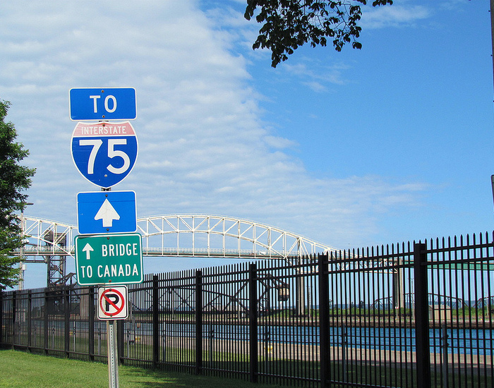 The International Bridge, the northern terminus of Interstate 75, and the Soo Locks. Credit: Kate Ter Haar.