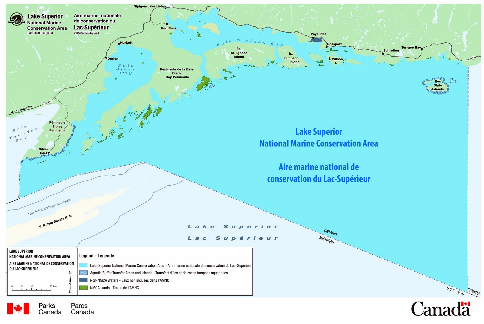 Carte de l’aire marine nationale de conservation du Lac­Supérieur dans l’ouest du lac. Source : Parcs Canada.