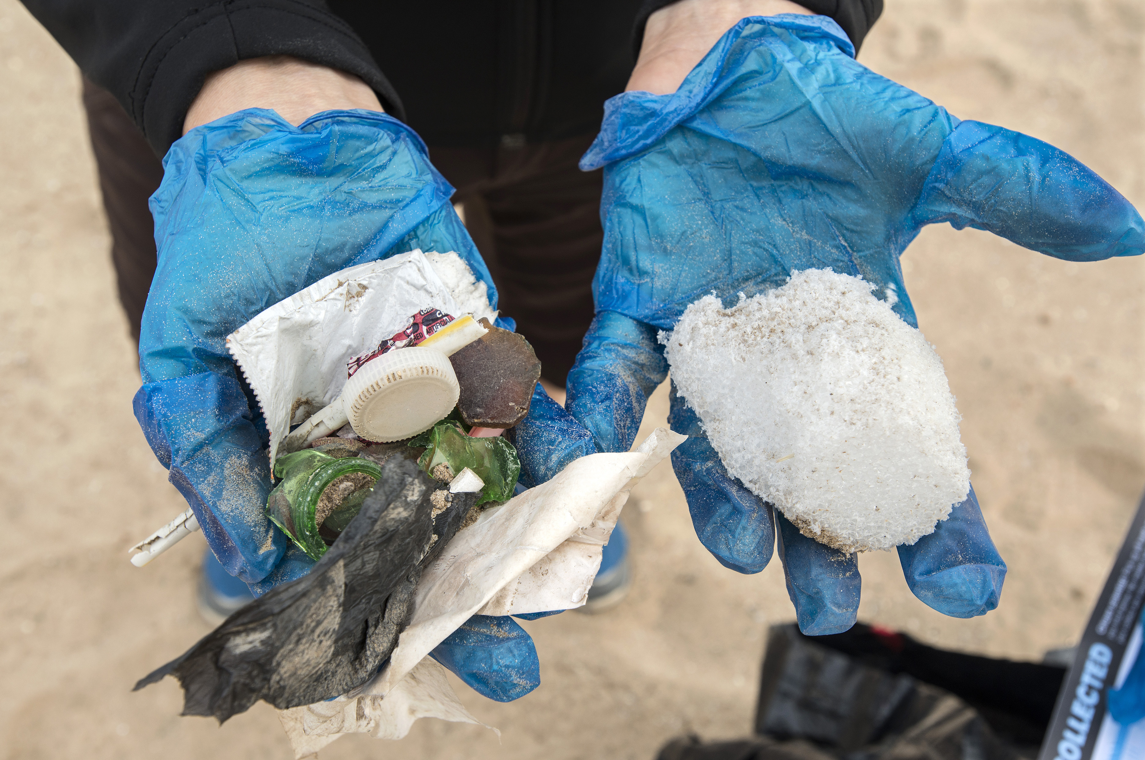 Déchets plastiques ramassés durant le nettoyage de septembre. Photo : Lloyd DeGrane, Alliance for the Great Lakes.