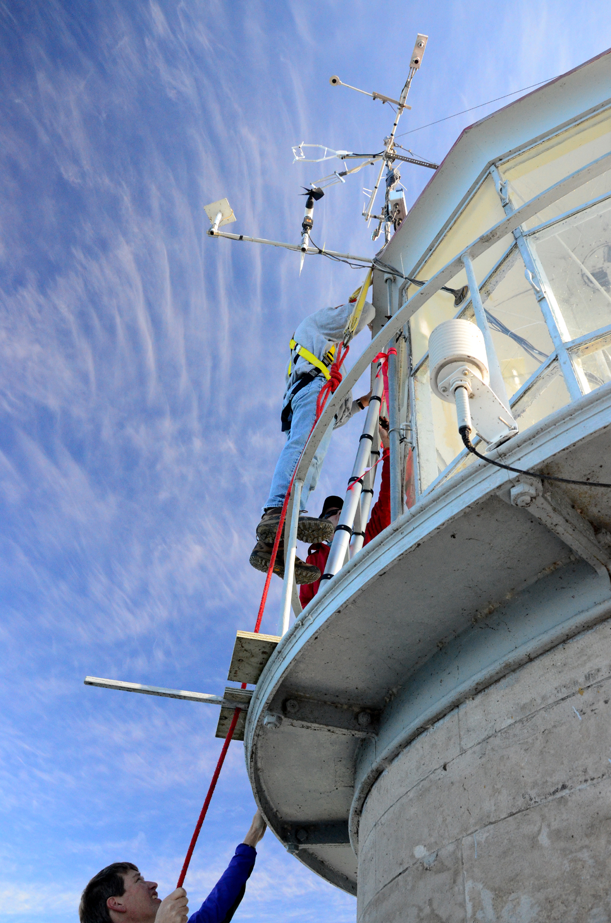 Maintaining the meteorological instruments at Spectacle Reef Lighthouse in Lake Huron, September 2013. Credit: Pakorn Petchprayoon.