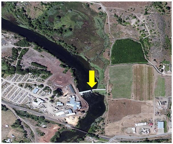 A birds-eye view of Zosel Dam, marked by yellow arrow, via Bing Maps. 