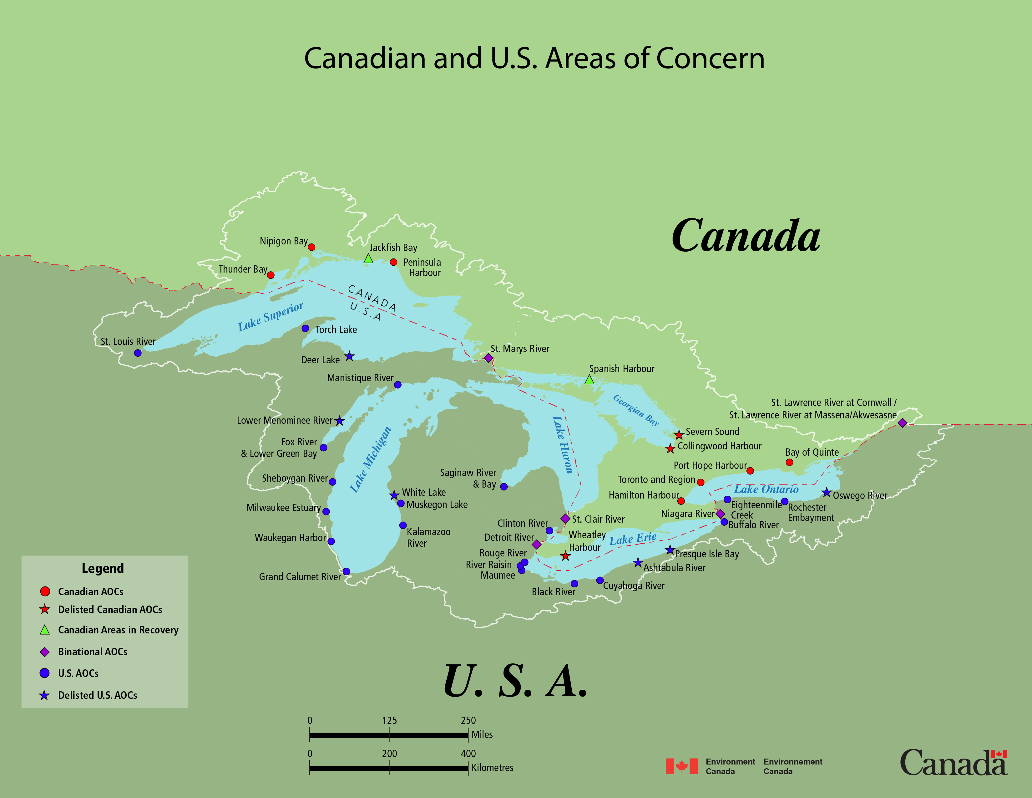 A map of the status of each of the 43 Areas of Concern in Canada and the United States. Photo Credit: EPA and ECCC, 2021