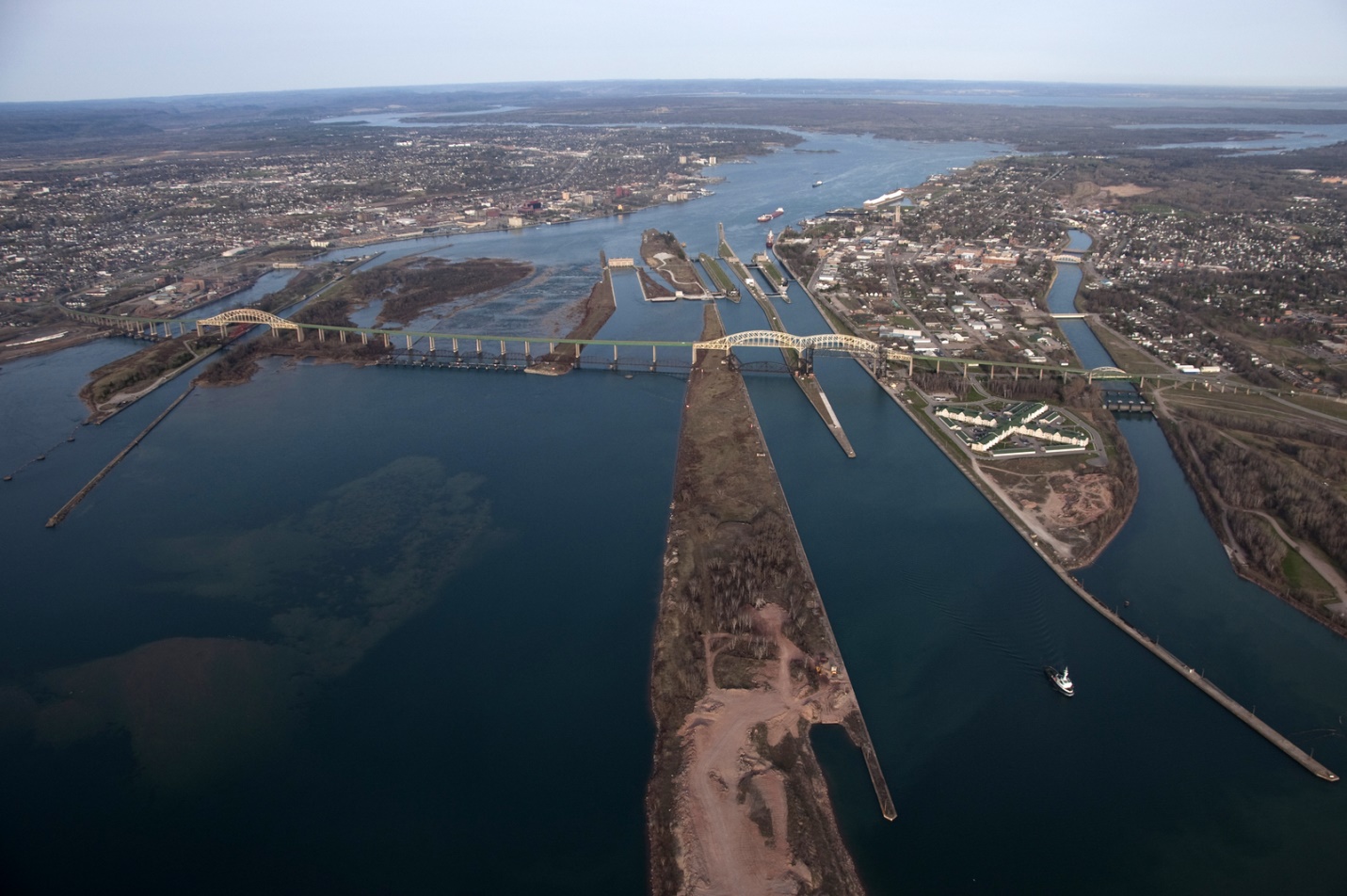 An aerial view showing the St. Marys River control structures. Credit: U.S. Army Corps of Engineers.