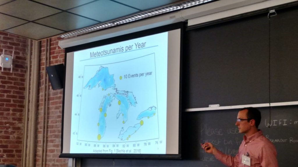 Adam Bechle of the Wisconsin Sea Grant Institute discusses where meteotsunamis have been reported on the Great Lakes during a workshop in Ann Arbor, Michigan 