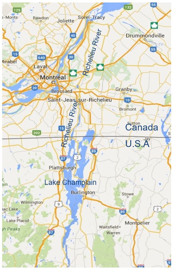 Le bassin du lac Champlain et de la rivière Richelieu. Carte : Google Maps.