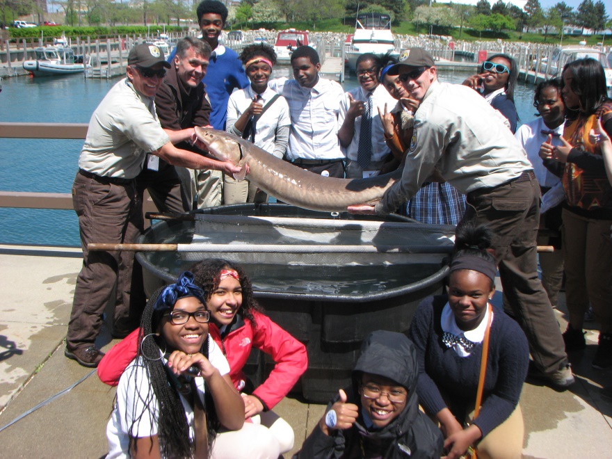 Detroit students participate in Sturgeon Day on the Detroit RiverWalk. Credit: U.S. Fish and Wildlife Service