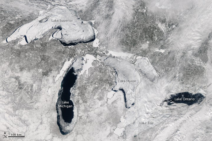 Ice cover on the Great Lakes in Feb. 19, 2014. Credit: Jeff Schmaltz, LANCE/EOSDIS MODIS Rapid Response TEAM at NASA GSFC 