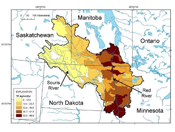 Output from SPARROW model showing phosphorus loads in the Red River basin.