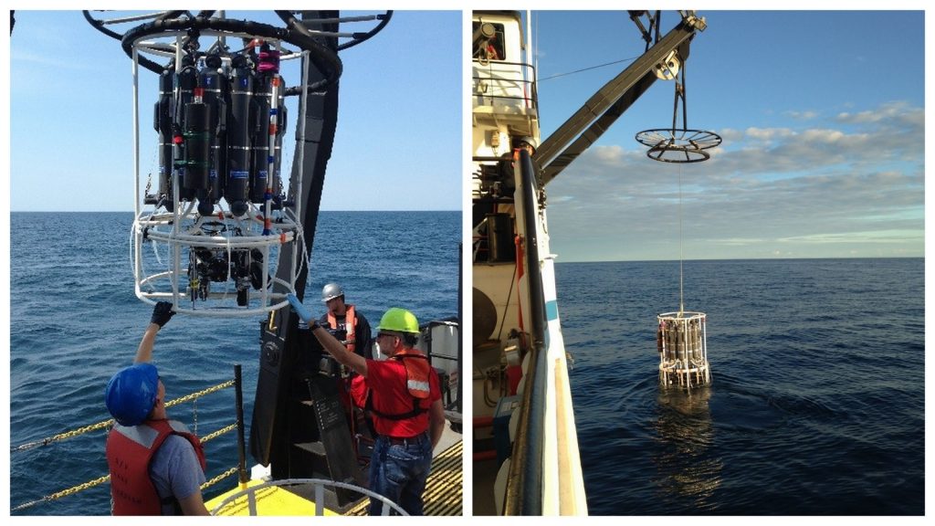 Left: US EPA and University of Minnesota-Duluth scientists guide the Rosette sampler as it’s lowered into Lake Superior to collect water samples for chemical analysis. Credit: Courtney Winter, ORISE. Right: The Rosette is lowered off the starboard side of R/V Lake Guardian into Lake Superior to collect water samples at different depths for chemical and biological analyses. Credit: US EPA GLNPO