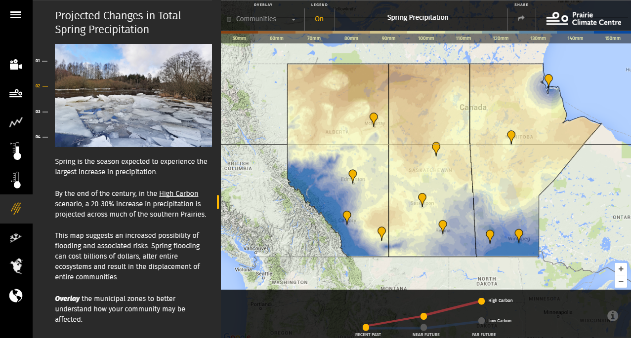 Users can click on a city or town to see how seasonal precipitation totals are expected to change in the coming decades under the high and low carbon scenarios. Credit: Prairie Climate Atlas