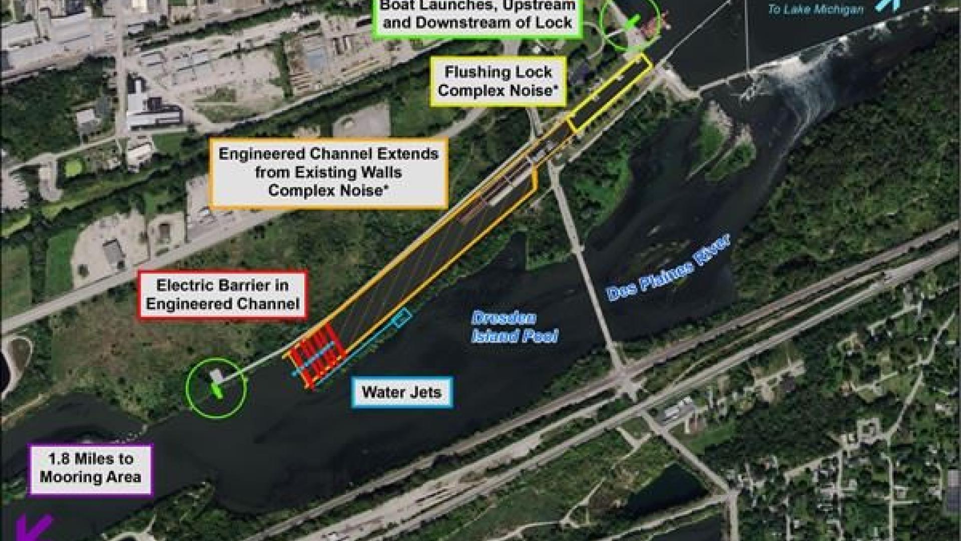 map of Brandon Road Lock and Dam in Chicago River