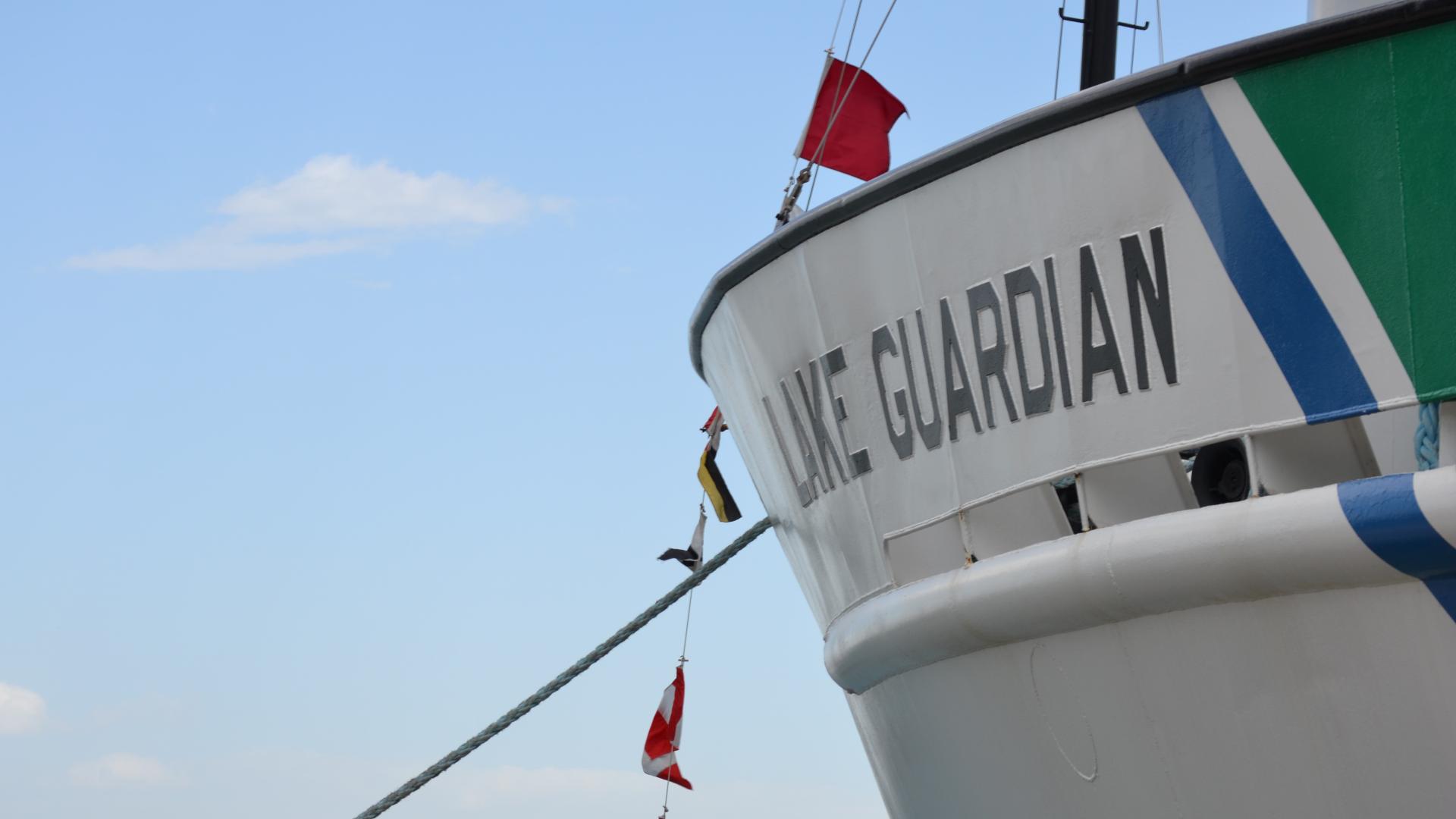 side of Lake Guardian, US EPA research vessel for the Great Lakes
